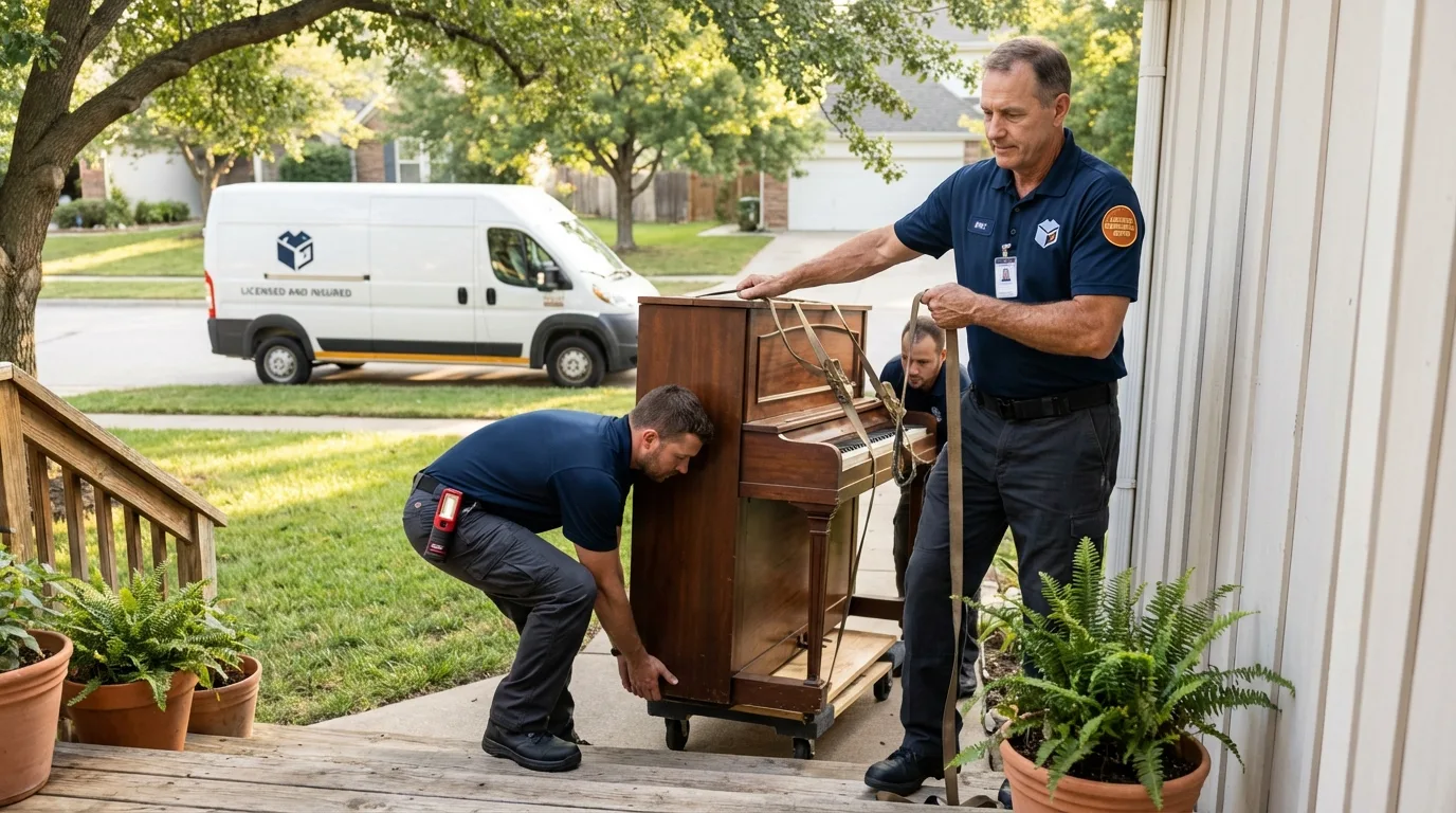 Licensed piano movers securing grand piano in Grayson, GA