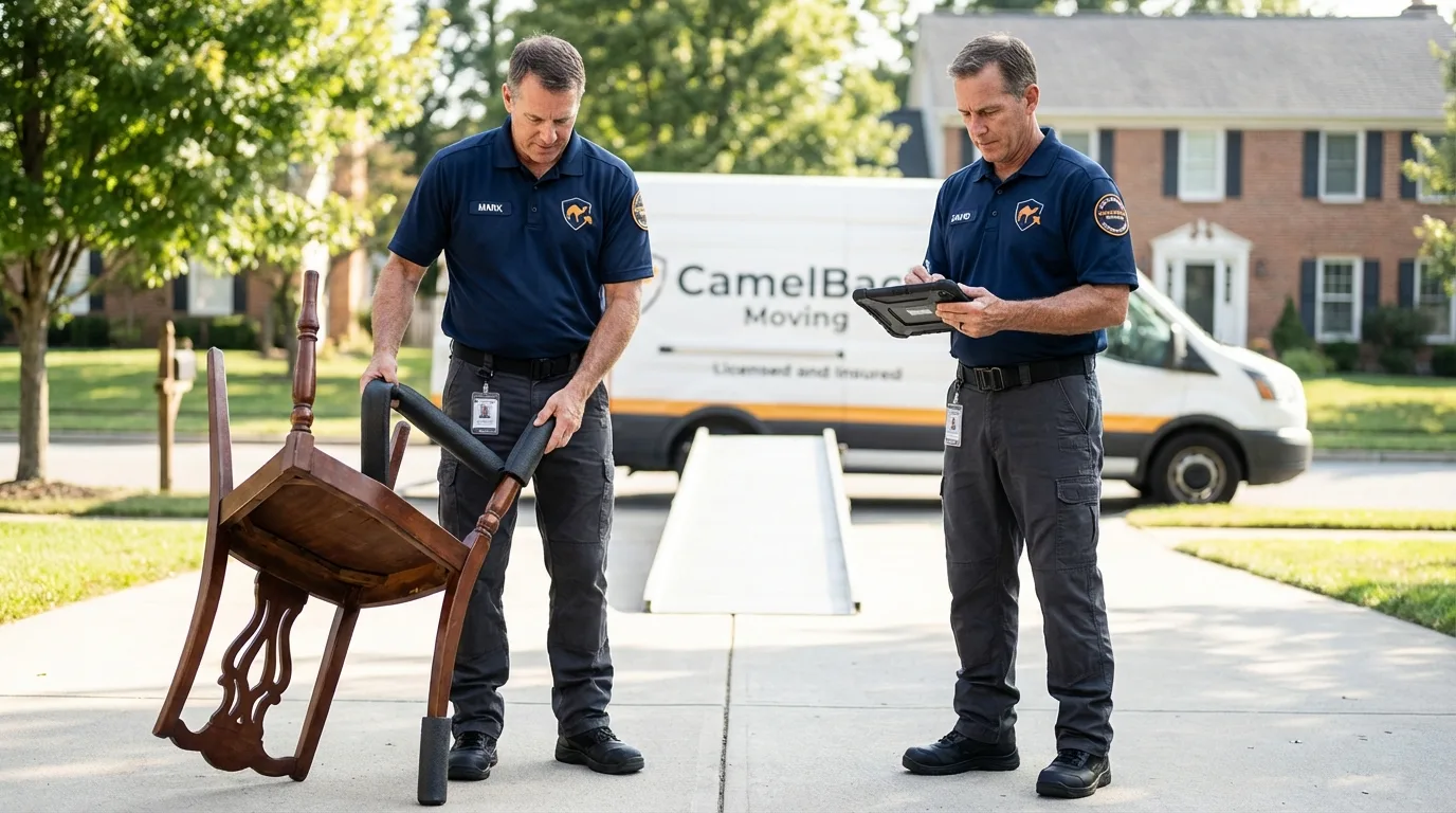 Movers inspecting furniture for damage prevention before loading in Grayson, GA
